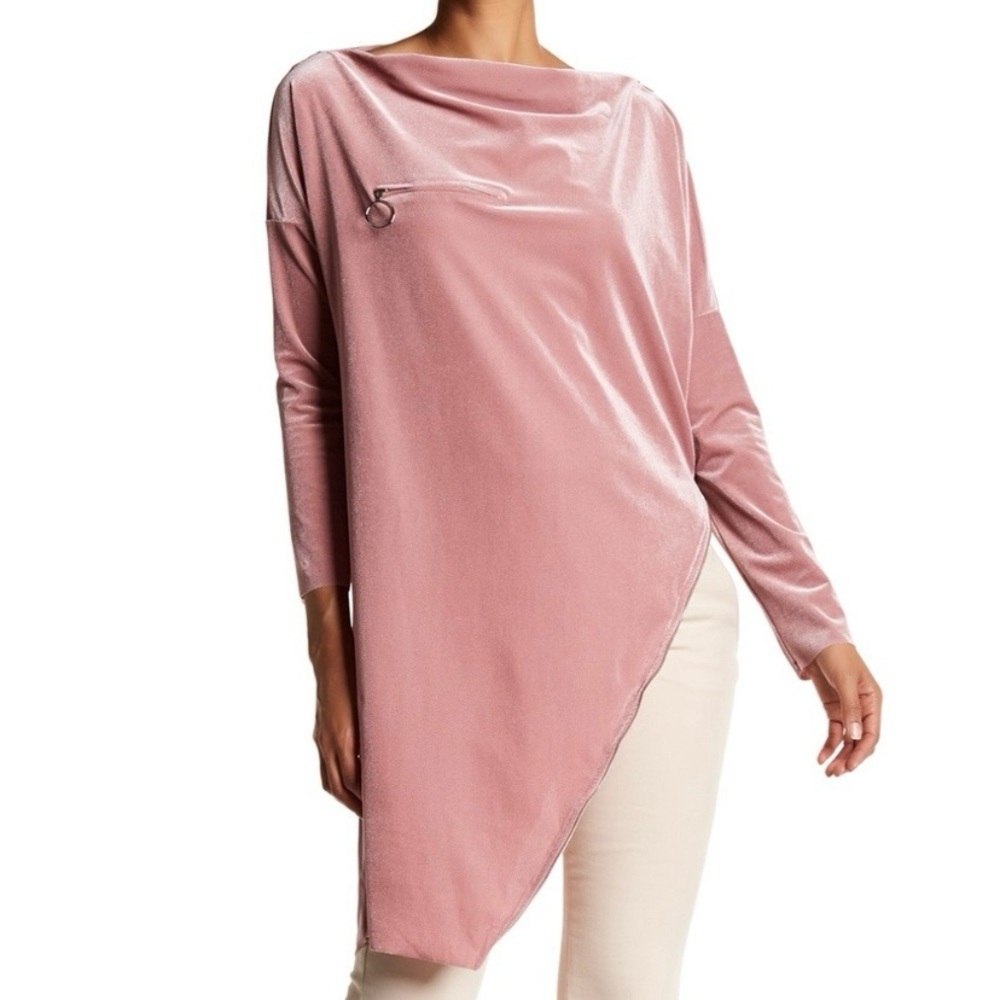 TOV Zipper‎ Tunic Top Size 40 Medium Pink Velvet Asymmetrical Hem Long Sleeve